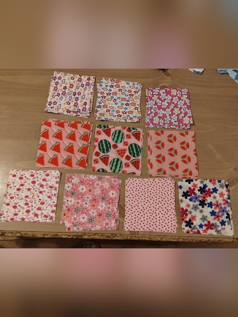 50 Pc Watermelon & Floral Fabric Squares Lot 4x4 Quilt Fabric Scrap Bundle Pink